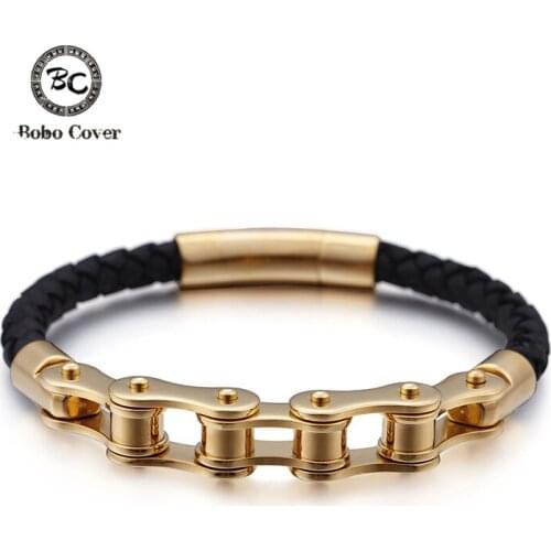 Punk Genuine Leather Bracelet Men Stainless steel Bicycle chain Gold/Black Magnet Buckle Bracelets Bangles Homme Jewelry Gifts