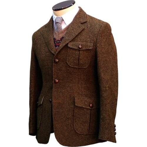 Mens Suit Safari Jacket Tweed Blazer American Classic Elegant Vintage Mens Set Wedding Dress Male Clothing Autumn Winter