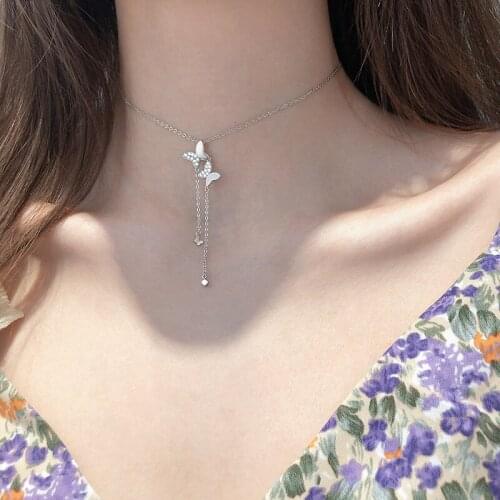 Real 925 Sterling Silver Tassel Crystal Double Butterfly Charm Necklace For Women Choker Collares Wedding Party Jewelry Gift