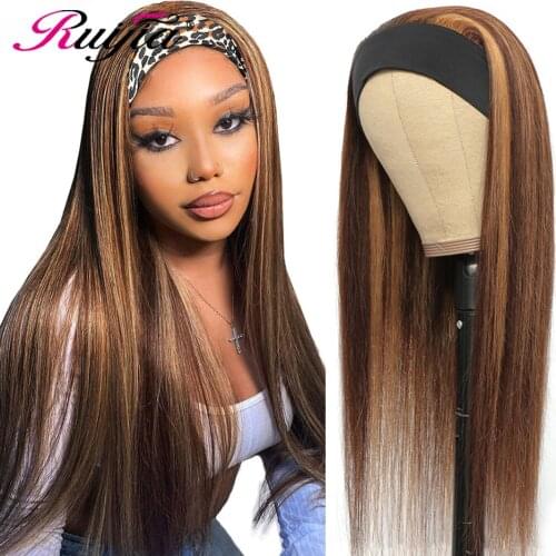 RuiJia Straight Hair Highlight Headband Wig Human Hair Blonde Brown Straight Human Hair for African American Women
