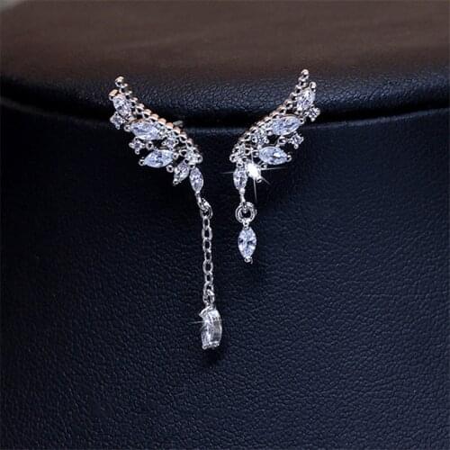 925 Sterling Silver Asymmetric Crystal Wings Earring Long Chain boucle d'oreille Drop Earrings for Women Jewelry EH1137