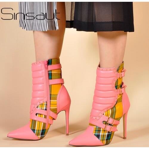 Sinsaut Shoes Women High Heels Ankle Boots for Women Pointed Toe Boots Ladies Red Plaid Boots Motorcycle Boots Yellow Gingham