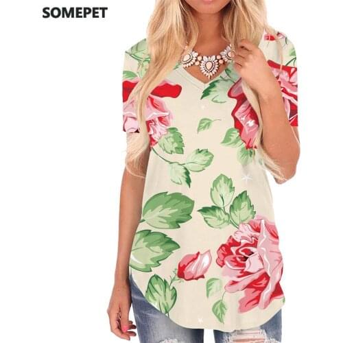 SOMEPET Beautiful T Shirt Women Flowers V-neck Tshirt Leaf Shirt Print Harajuku T-shirts 3d Womens Clothing Hip hop Printed