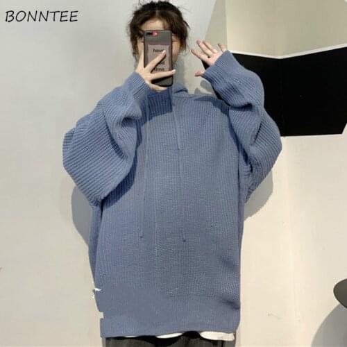 Sweaters Women Hooded Long Sleeve Stylish Knitted Wear Loose Lazy Leisure All-match Autumn Prevalent Solid Ladies Pullovers Ins