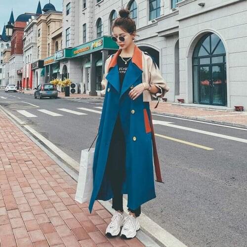 Womens Long Windbreaker2021Spring Autumn New Stitching Contrast Color Korean Loose Lapel Double-Breasted Fashion Coat Female66X
