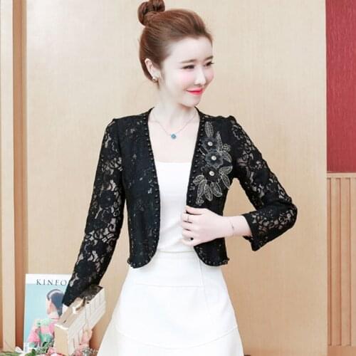 2021 Summer Women Sun Protection Clothing Thin Long Sleeve Hollow Lace Shawl Coat All-match Short Cardigan Plus Size Jacket Y144