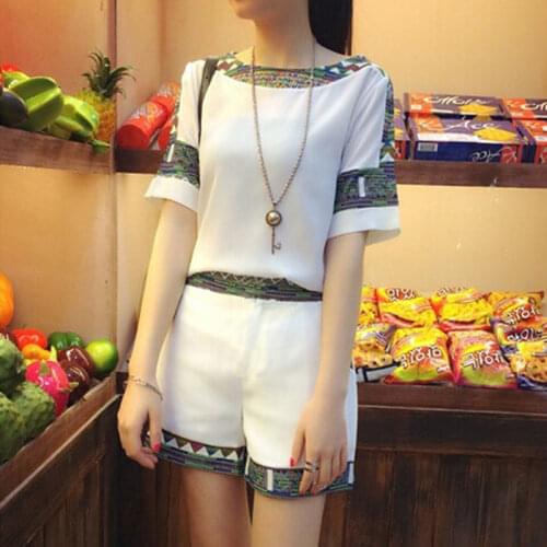 Two-piece womens clothing womens shorts ladies summer dress womens clothing retro printed sports suit summer casual loose