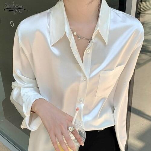 Autumn Acetate Satin White Long Sleeve Shirts Sweet Office Lady Simple Women Blouses Spring Retro Black Elegant Casual Top 16790