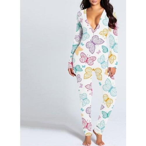 Butterfly Print Womens Pajama Onsies Button-down Functional Buttoned Flap Adults Jumpsuit One Piece Sexy Pajamas Sleepwear