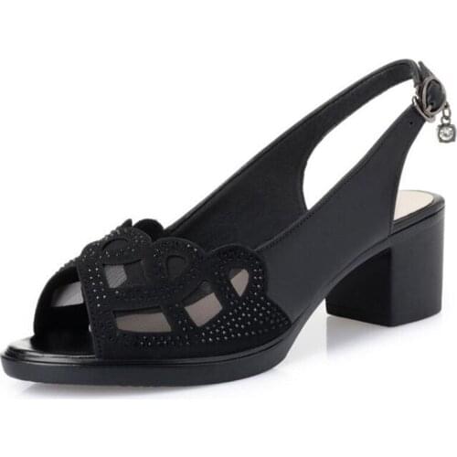 2020 New Summer Fish Mouth Rhinestone Mesh High Heel Sandals Classic Fashion Women Sandals Elegant Charm Black Leather Sandals