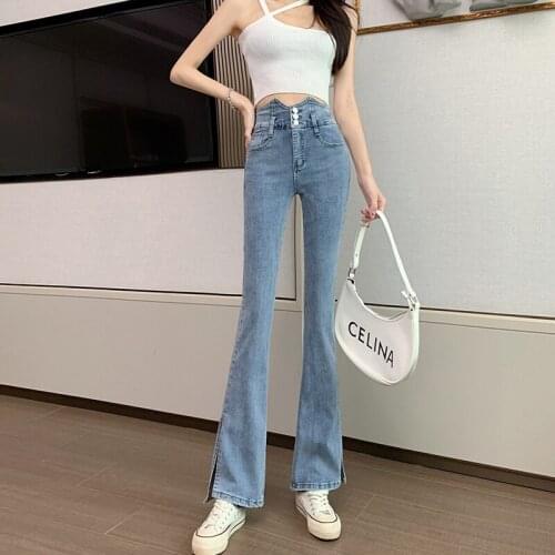 Split jeans womens autumn new personality high-waisted skinny wide-leg micro-horn mopping pants