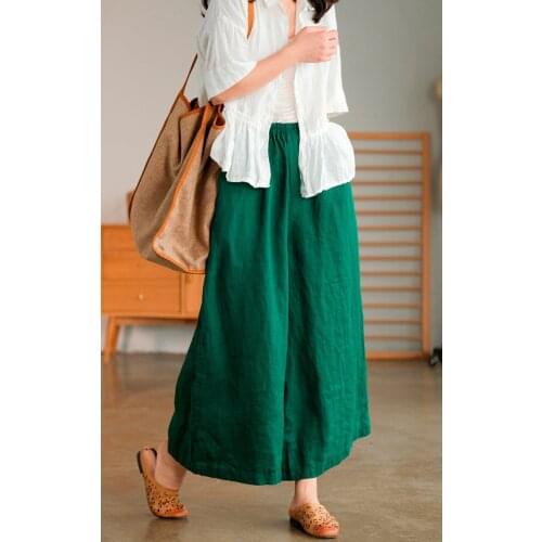 21New Womne Pants Summer Solid Color Loose Mori Girl Style Elastic Waist Female Wild Linen Wide Leg Trousers Fashion