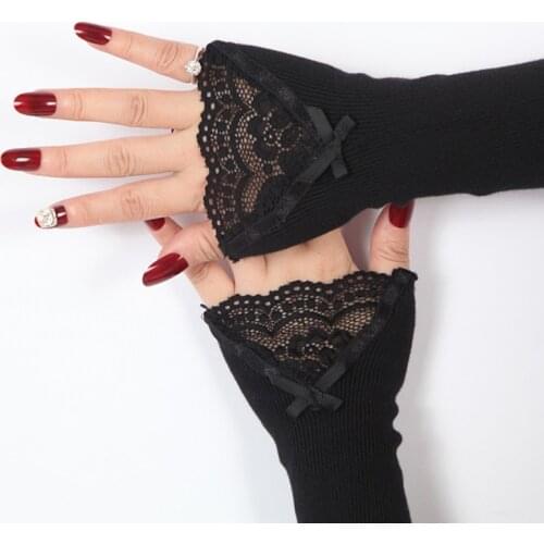Women Winter Ribbed Knit Arm Warmers Sleeves Lace Bowknot Patchwork Long Fingerless Gloves Thermal Stretch Scar Cover