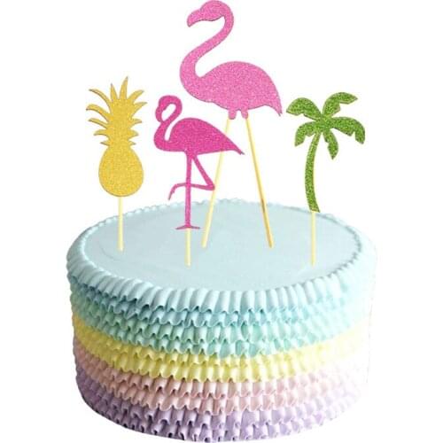 4pcs/set Cake Topper Toppers Pink flamingo pineapple cactus Wrappers cupcakes flag birthday card Hawaiian wedding party decor