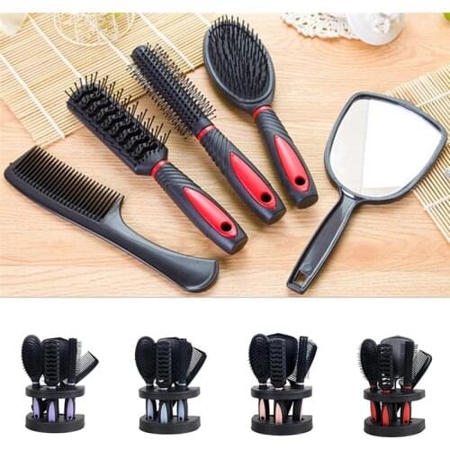 5pc Professional Salon Hairbrush Set Hand Makeup Hair Brush Kit Gift for Women Portable Hair Care Massage Comb with Mirror Stand