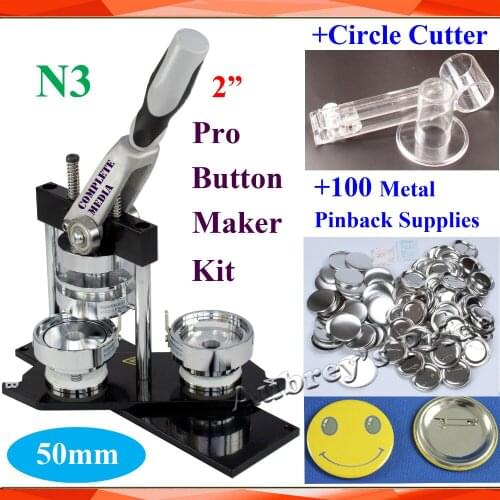 Pro N3 NEW 2" 50mm Badge Button Maker Machine + Adjustable Circle Cutter+100 Sets Metal Pinback Supply