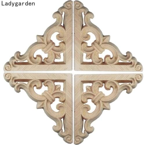 10PCS Flower Carving Natural Wood Appliques for Furniture Cabinet Unpainted Wooden Sculptures Mouldings Decal Decorative Statues