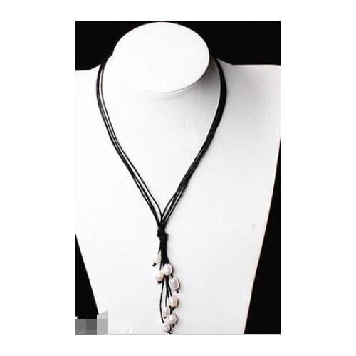 Free shipping Fashion Black brown Leather Rope 9-10mm White Pink Freshwater Pearl Necklace