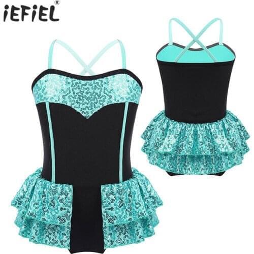 IEFiEL Beautiful Kids Girls Spaghetti Straps Shiny Sequins Ballet Leotard Tutu Dress Dancewear Modern Jazz Latin Dance Costumes