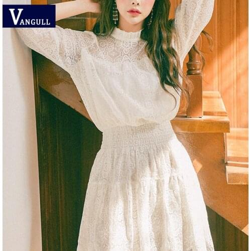 Vangull Hollow out Elegant Women Dress Lace Edge High Elastic Waist Solid Summer Dress With Lining Modis Femme Vestido Mujer