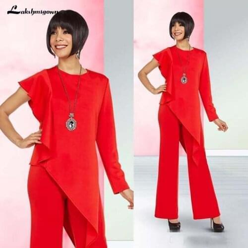 Red Mother Of Bridal Pant Suits For Wedding Plus Size Mothers Formal Outfit Garment Jewel Neck Long Sleeves Prom Evening Dresses