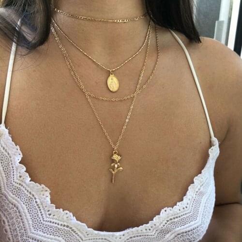 HebeDeer Multilayer Trendy Girl Rose Necklace Chain Women Yellow Gold Color TRENDY Pendant Necklaces Jewelry Lady Collares