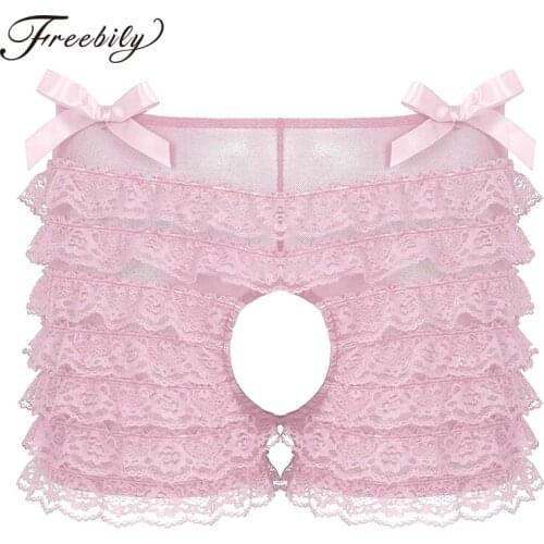Men Erotic Underwear Frilly Ruffled Layered Floral Lace Sissy Panties Open Crotch Briefs Hot Sexy Crotchless Underpants