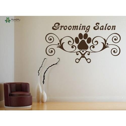 Grooming Salon Wall Decal Pet Shop Sign Vinyl Wall Sticker Scissors Paw Pattern Modern Interior Window Decor Door Mural DIYSY261
