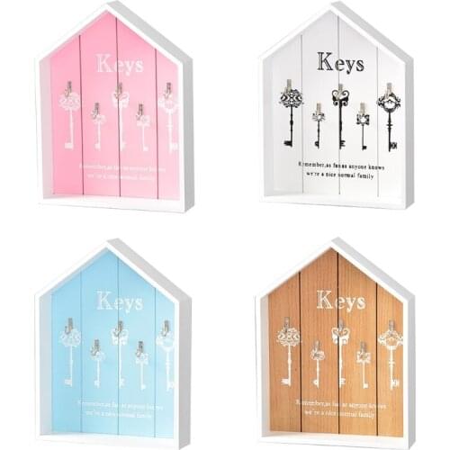 Wall Mounted Organizer Wooden House Shape Key Cabinet Storage Box with 5 Hooks Key Holder Rustic Key Hanger Home Decoration
