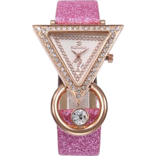 Rhinestone Triangle Dial Shimmer Faux Leather Band Women Quartz Wrist Watch Rhinestone Inlaid Flash Belt Watch, Party Gift Watch