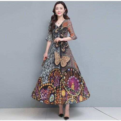 Vintage flower butterfly chiffon dress women spring summer V-neck long beach dress ladies casual big swing loose maxi dress