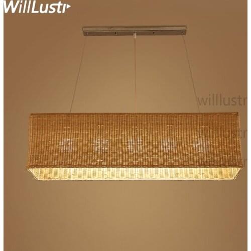 Willlustr rectangle handmade wicker pendant lamp dinning living room suspension light hotel hall restaurant bar hanging lighting