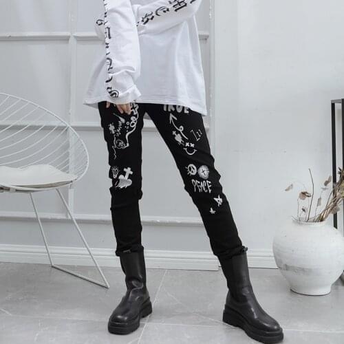 Large womens slim pants jeans black print personalized design new Yamamoto dark style in spring and summer