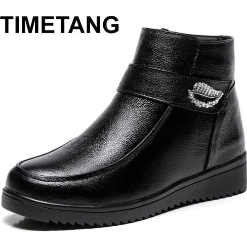 TIMETANG Women Snow Boots Winter Flat Heels Ankle Boots Women Warm Platform Shoes Genuine Leather Thick Wool Fur Booties