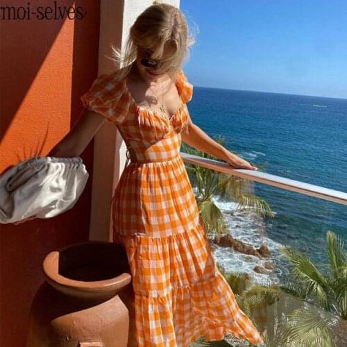 Women 2021 Summer Backless Tie Up Basic A-line Dresses High Fashion Sundress Elegant Orange Plaid Long Maxi Cotton Dress