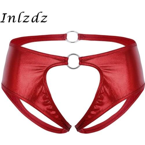 Women Lingerie Open Crotch Sex Underwear Faux Leather Crotchless Jockstrap Low Rise Briefs Underwear Panties with Metal O-Rings