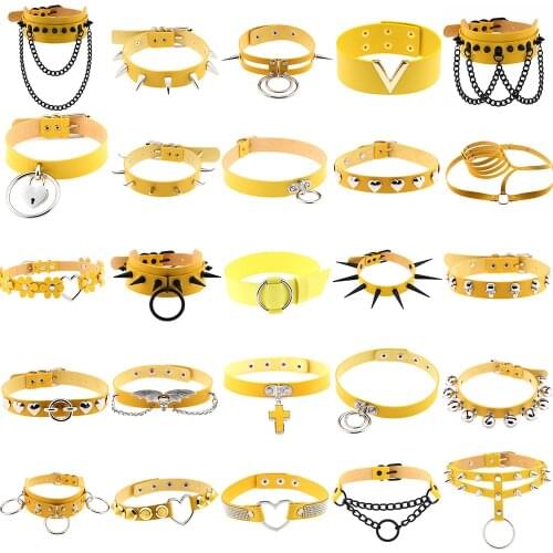 Gothic yellow color Pu Leather Cross Pendant Necklaces For womens neck chain Rivet egirl Choker grunge Collar punk goth Jewelry