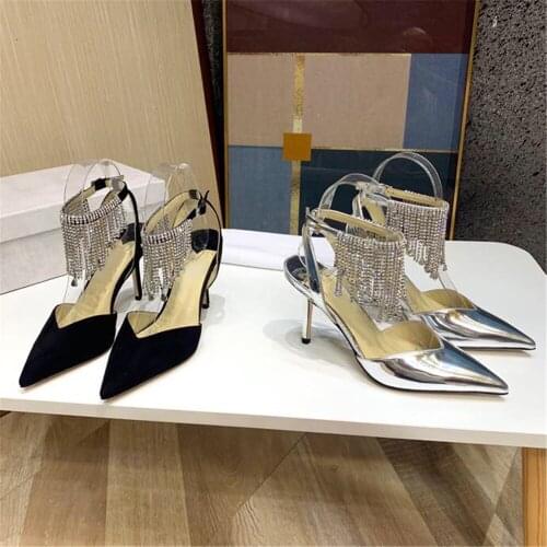 2021 New Large Szie 34-42 Womens Sandals Genuine Leather Shoes Luxury Brand Designer Shoes Pointed Toe Shoes Crysral Sandals