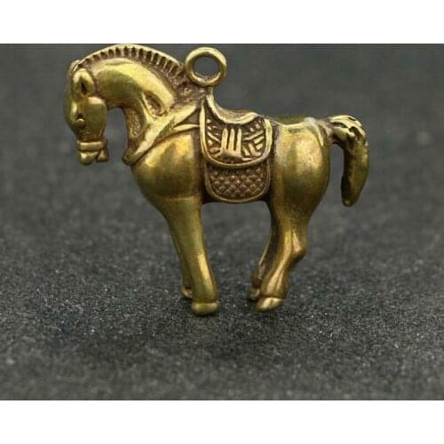 Antique Brass Horse Pendant Statue Old Chinese Zodiac Lucky Pocket Gift Ornament