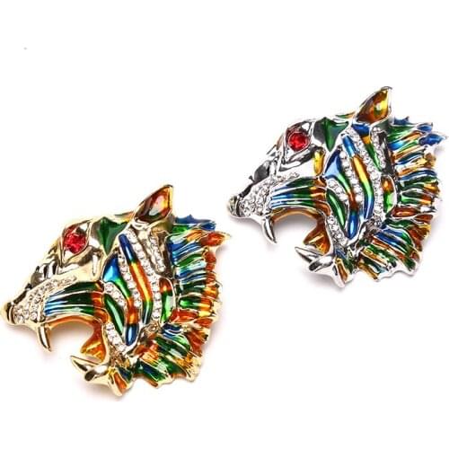 Alloy New Vintage Colorful Enamel Head Tiger Animal Brooch Pin Rhinestone Crystal Leopard Head Brooches For Women And Men