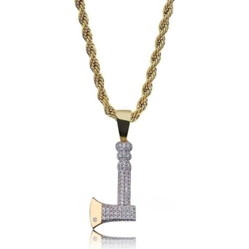Personality The Axe Necklace & Pendant Steel Rope Chain Gold Color Bling Cubic Zircon Mens Hip Hop Jewelry