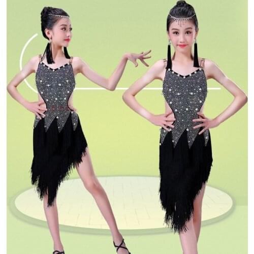 Children Pearl Diamond Latin Ballroom Dance Dress Kids Girls Dancewear Fringe Skirts Latin Stage Dance Costume Clothing Children