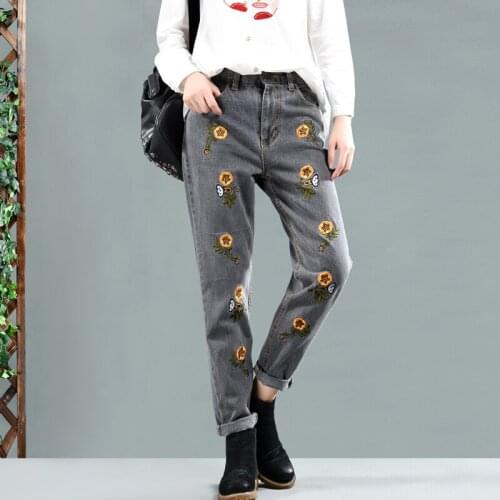 Spring Jeans Retro Women Slim-type Denim Pants New Button pocket Embroidery flower Ladies Casual Denim Trousers Mori girl