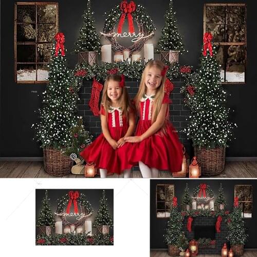 Photography Backdrop Christmas Trees Fireplace Wreath Decorations Kids Child Portrait Photocall Window Winter Photostudio Props