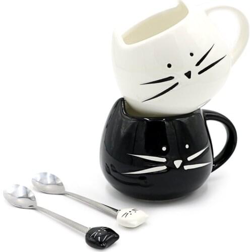 Ceramic Coffee Cup Mugs With Spoon Tea Milk Animal Cups With Handle 420ml Big Drinkware Kawai Gift White Black Cute Cat Mug