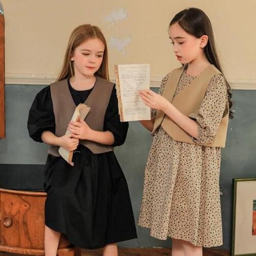 2 Piece Vest Dresses Suit For Girls Long Sleeve Print Casual Tank Tops Gowns Set 3 - 14 Years Kid Birthday Wedding Party Clothes