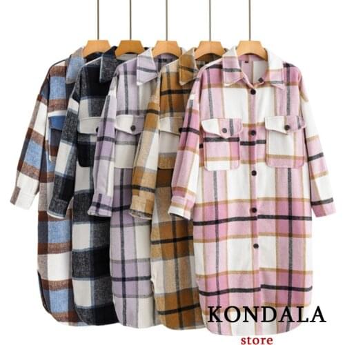 KONDALA Womens Jackets Za Fashion 2021 Plaid Casual Long Jackets Cotton Pockets Oversized Thick Coats Mujer Elegant Outwear