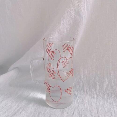 Korean Retro Red Love Letter Milk Cup High Borosilicate Handle Glass Coffee Cup Kawaii Breakfast Cup