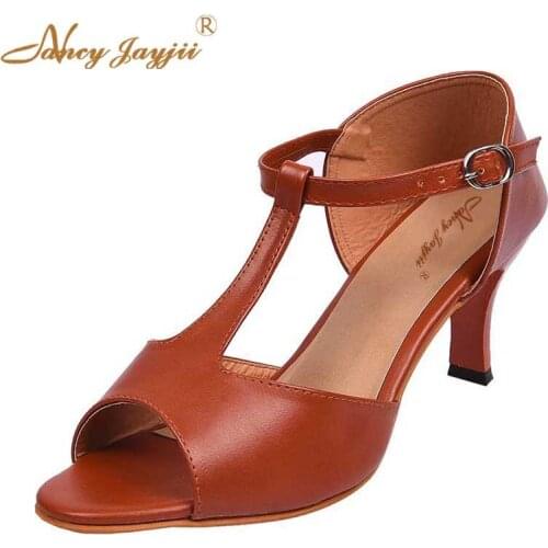 Brown Mid High Heels Open Peep Toe T Strap Buckle Strap Pumps Plus Size 16 Customization Vintage Retro Women Shoes NANCYJAYJII