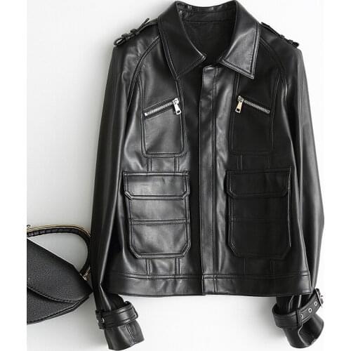 Pop New Spring Autumn Short Real Leather Jackets Genuine Leather Jacket Women Motorcycle Sheepskin Coat Female A023